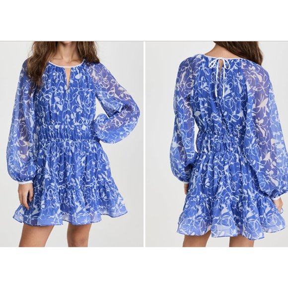 Jonathan Simkhai Harlowe Blouson Mini Dress Floral Print Pleated Keyhole Neck - Picture 3 of 11